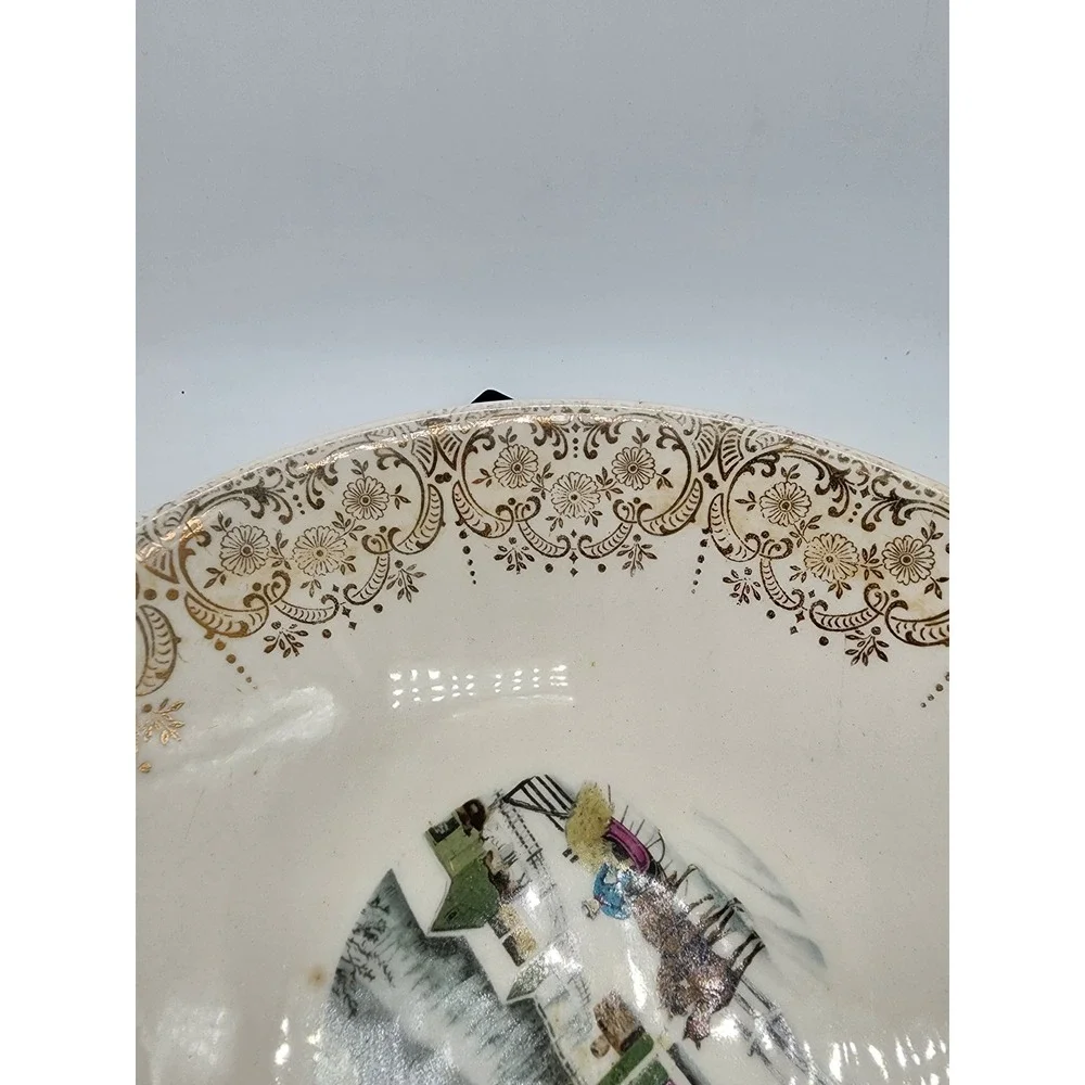 Royal Monarch Currier & Ives Winter Scene Bowl 22KT Gold Filigree Rim Vintage